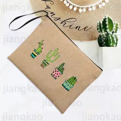 Cactus Print Linen Bag Women Makeup Bags Summer Outdoor Beach Handbags Female Cosmetic Storage Pouch Travel Wash Organizer Gifts