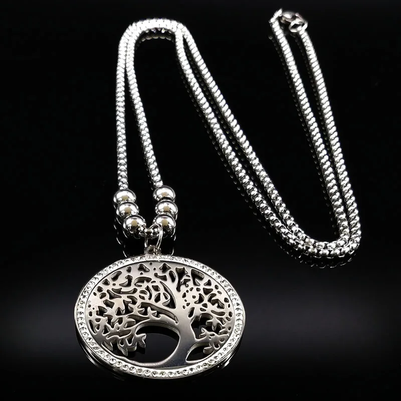 Long Tree of life Stainless Steel Necklaces Pendants With Crystal Jewlery Silver Color Necklaces Jewelry bijoux femme N77