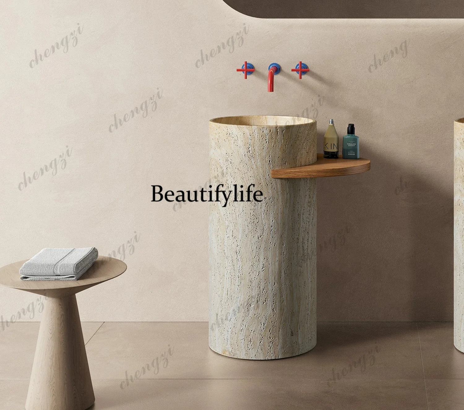 

P37 medieval natural travertine granular column basin integrated floor-to-ceiling wash basin B & B Club