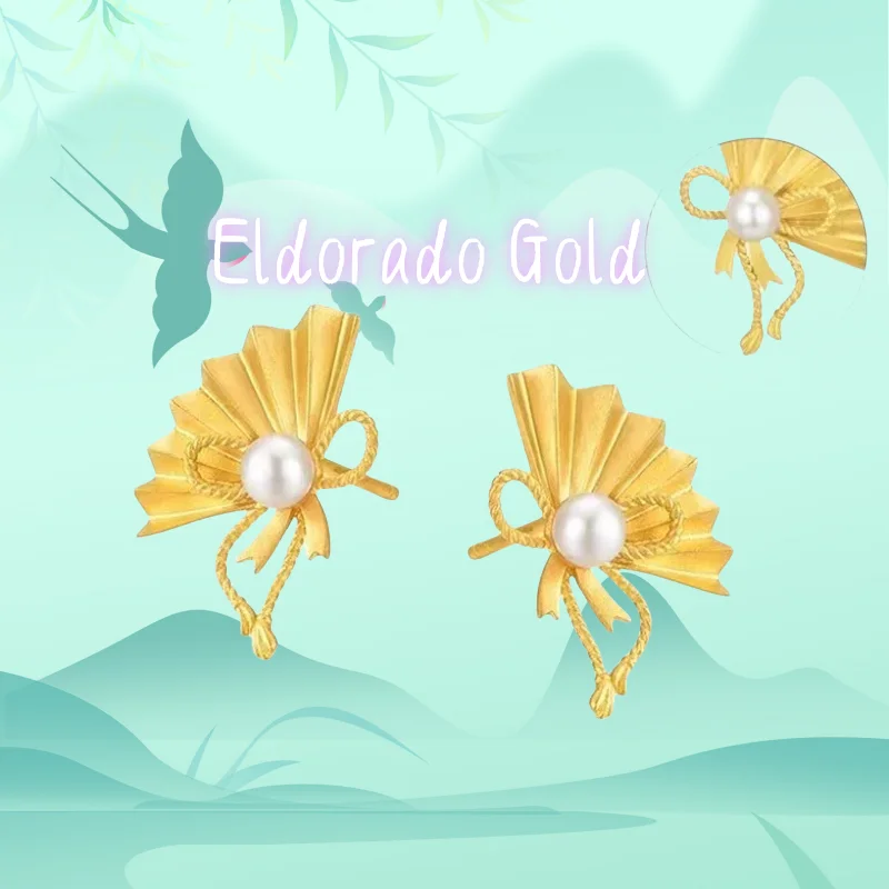 

Folding fan bow earrings for women AU750 18K yellow gold earrings set with pearl and pearl temperament fan-shaped earringsValent