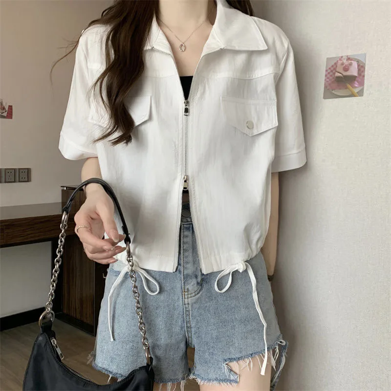 New Summer Short Sleeve Cargo Jacket Women Korean Zipper Drawstring Short Coat Female Black White Turndown Collar Casual Jackets