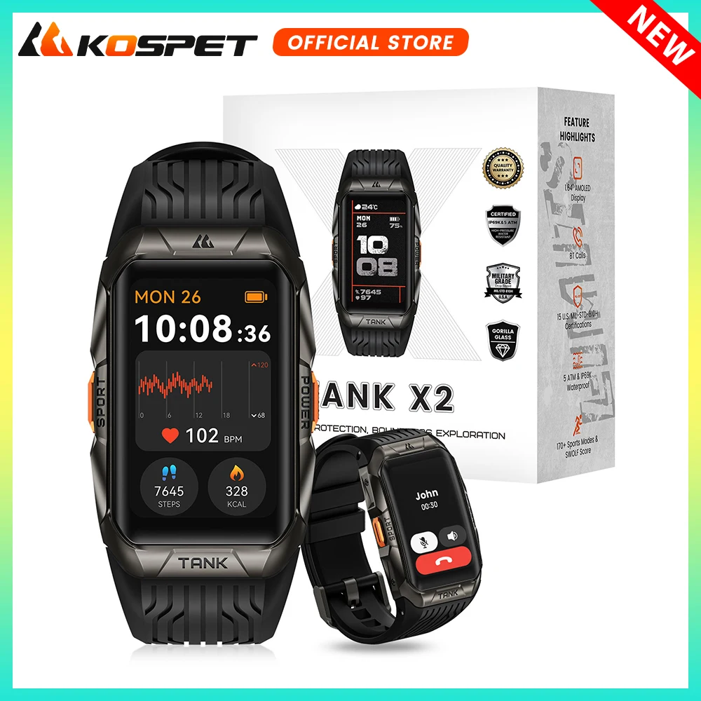 

KOSPET TANK X2 Smart Watch For Men IP69K Waterproof 3D Curved Screen 1.64'' AMOLED Bluetooth Call 170 Sport Modes Smartwatch