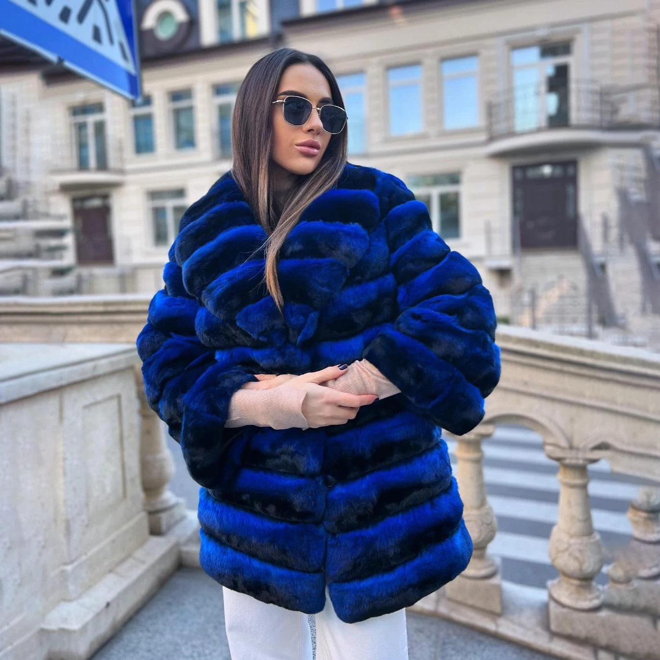 Fashion Blue Rex Rabbit Fur Coat Natural Women Thick Warm Fur Overcoat with Lapel Collar Luxury Woman Real Rex Rabbit Fur Coats