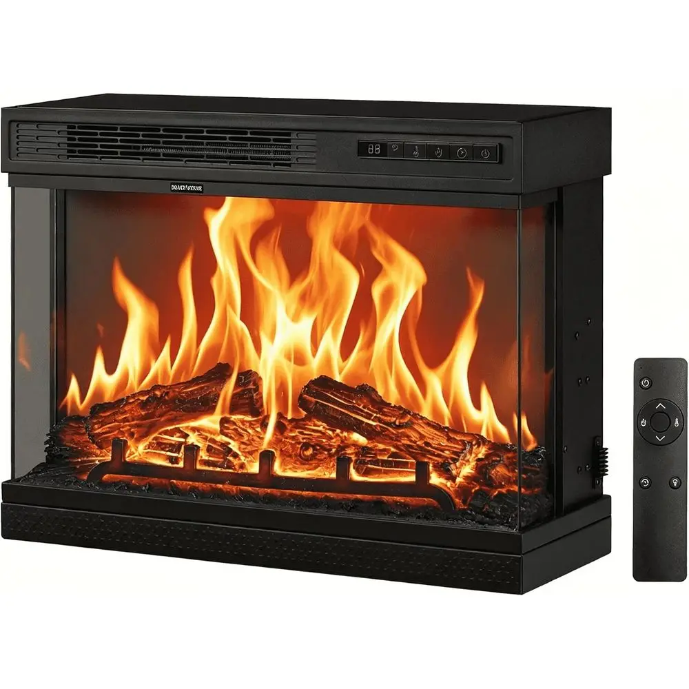 24 Inch Electric Fireplace Insert, 3-Sided Recessed/Wall Mount, 12 Realistic Adjustable Flame Colors, 5 Brightness Levels, 8H Ti