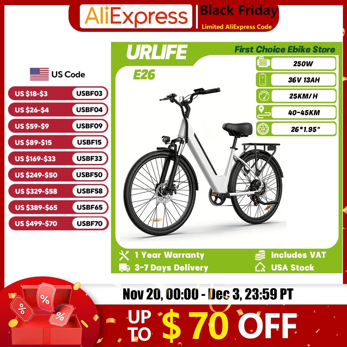 

URLIFE E26 Adult Ebike 250W Motor 36V 13Ah Battery Urban Commuting Electric Bicycle 26*1.95" Tire Teens Travel Electric Bike