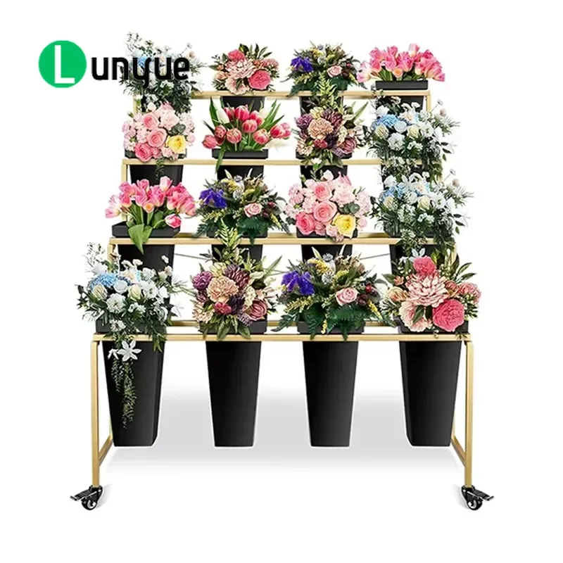 4 Tier Heavy Duty Metal Flower Display Stand Mobile Plant Bucket Rack Simple Iron Window Shelf for Home Garden Indoor Outdoor