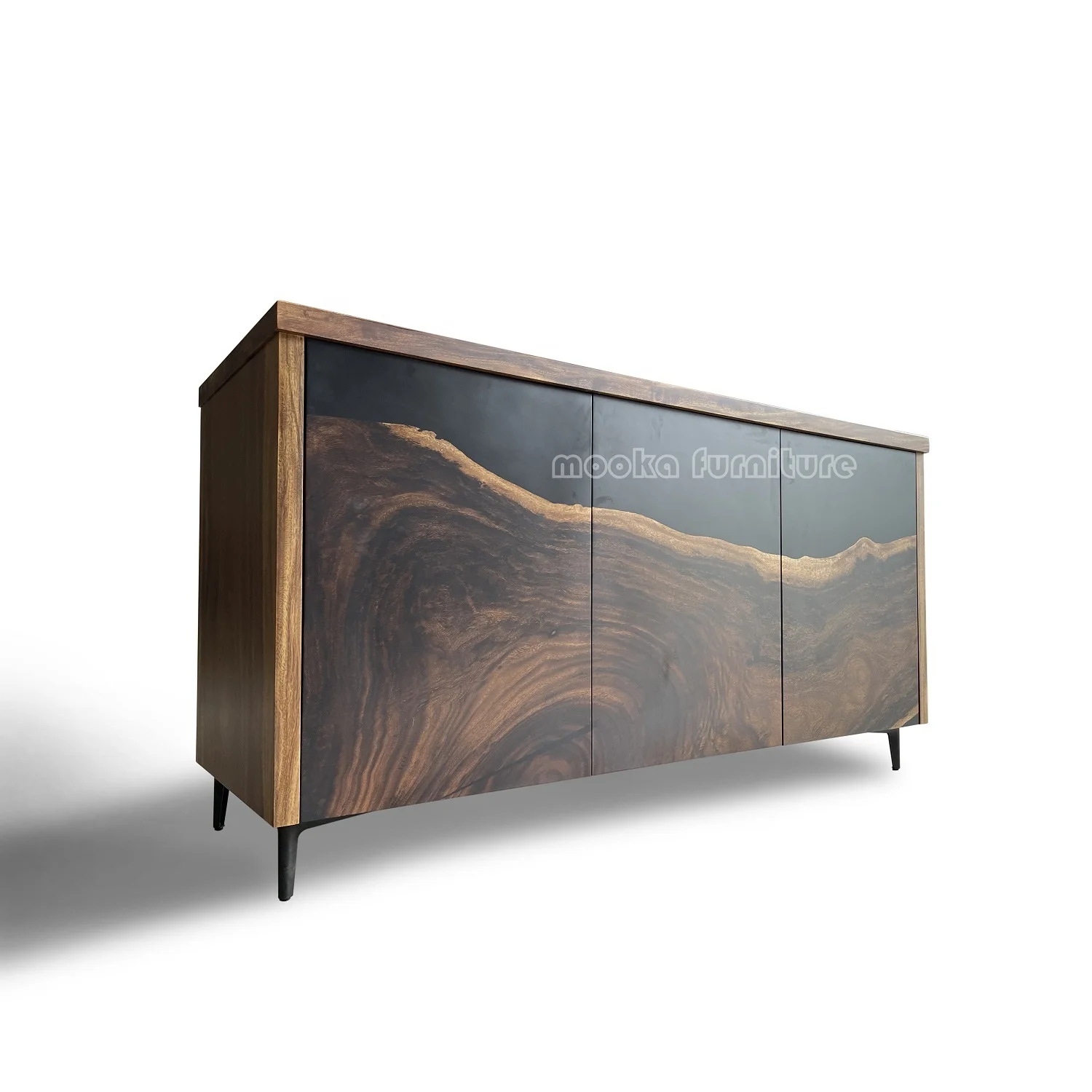 Solid Walnut Parota Side board, Black Resin Console, Custom Wood Epoxy Resin, River Table and Cabinet, Made to Order