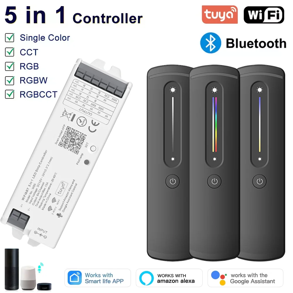 

DC12V 24V Tuya WiFi Smart LED Controller 5in1 Controller Dimmer 2.4G Support Alexa Google Assistant for CCT RGB RGBCCT COB Strip