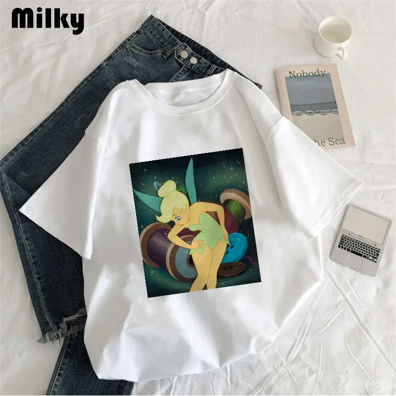 Summer Women\'s T Shirt Fairy Style Hiphop Cartoon Tinker Bell Short Sleeved T-shirt  Women Ins Top Y2k Vintage Oversized T Shirt