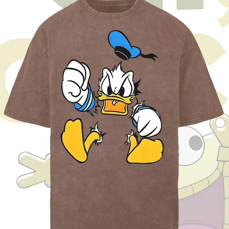 

Disney Funny Donald Duck Gaga Portrait Printing 230g Washed Old Batik Cotton T-Shirt Perfect for Casual Wear or Gifts