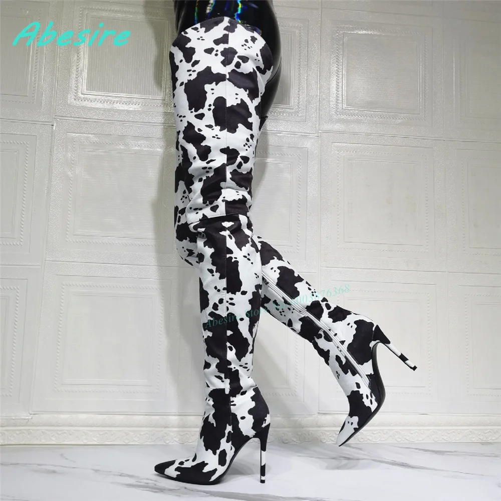 Cow Pattern Patchwork Over The Knee Boots Pointed Toe Thin Heels Zipper Women's Boots Mixed Colors Pleated Party Fashion Shoes
