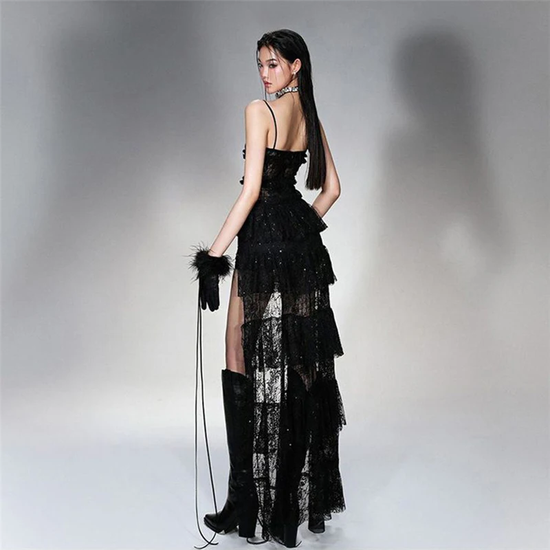 Kant Patchwork Vrouwen Camis Jurk Y2K Mode Gothic Sexy V-hals Vest Midi Jurk Vrouwelijke Koreaanse Slanke Onregelmatige Tank Een Lijn Jurk