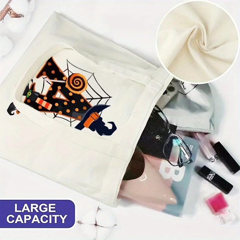 Custom Initial Halloween Witch Letter Canvas Tote Bag Personalized Alphabet Reusable Shopping Shoulder Bag Kids Candy Treat Gift