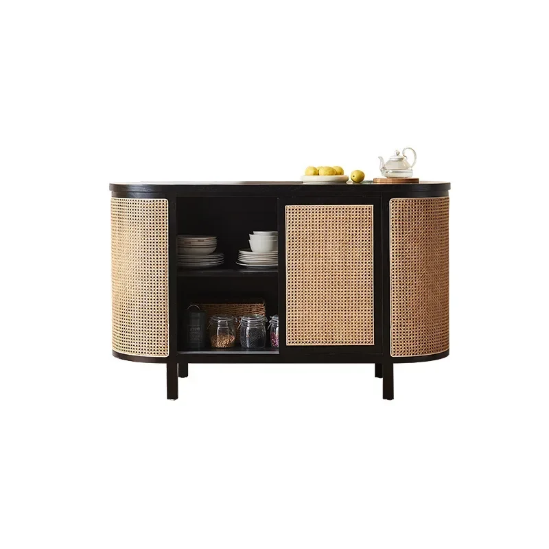 Japanese-style rattan dining side cabinet, wabi-sabi household solid wood dining side cabinet, simple double-layer