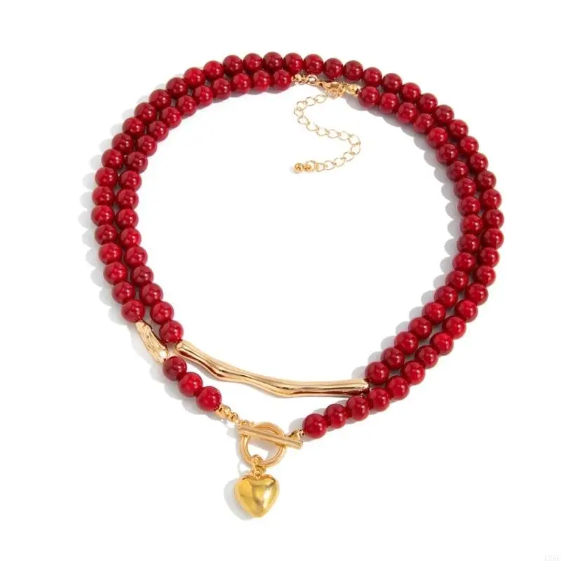  Pack of 2 Elegant Women's Heart Pendant Necklaces Including Red Plastic Beads and OT Buckles Daily Accessory