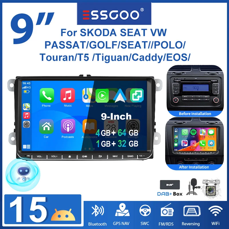 ESSGOO 9" Android15 4+64G 1+32G für VW Golf 5 6 Passat Polo Touran Tiguan Caddy EOS T5 SEAT SKODA Autoradio kabelloses CarPlay Android Auto GPS RDS FM WLAN Bluetooth Mirror Link Lenkradsteuerung