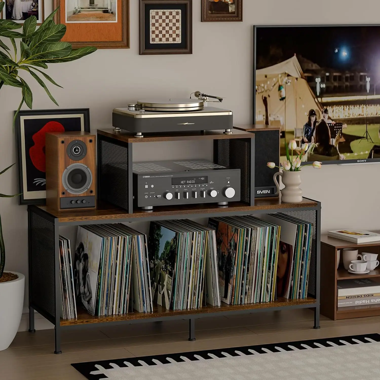 Bilateral record player table, large vinyl record storage rack, study audio placement rack, amplifier table