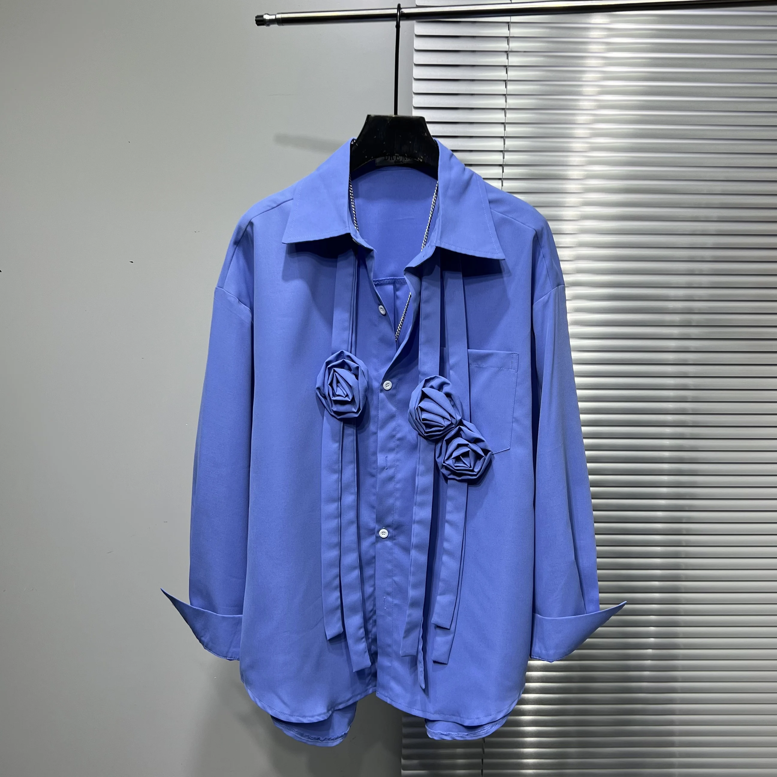 Stylish Tops Three-dimensional Flower Ribbon Splicing Niche Handsome Shirts Men's 2025 Fashion High-end Trendy Solid Color Shirt