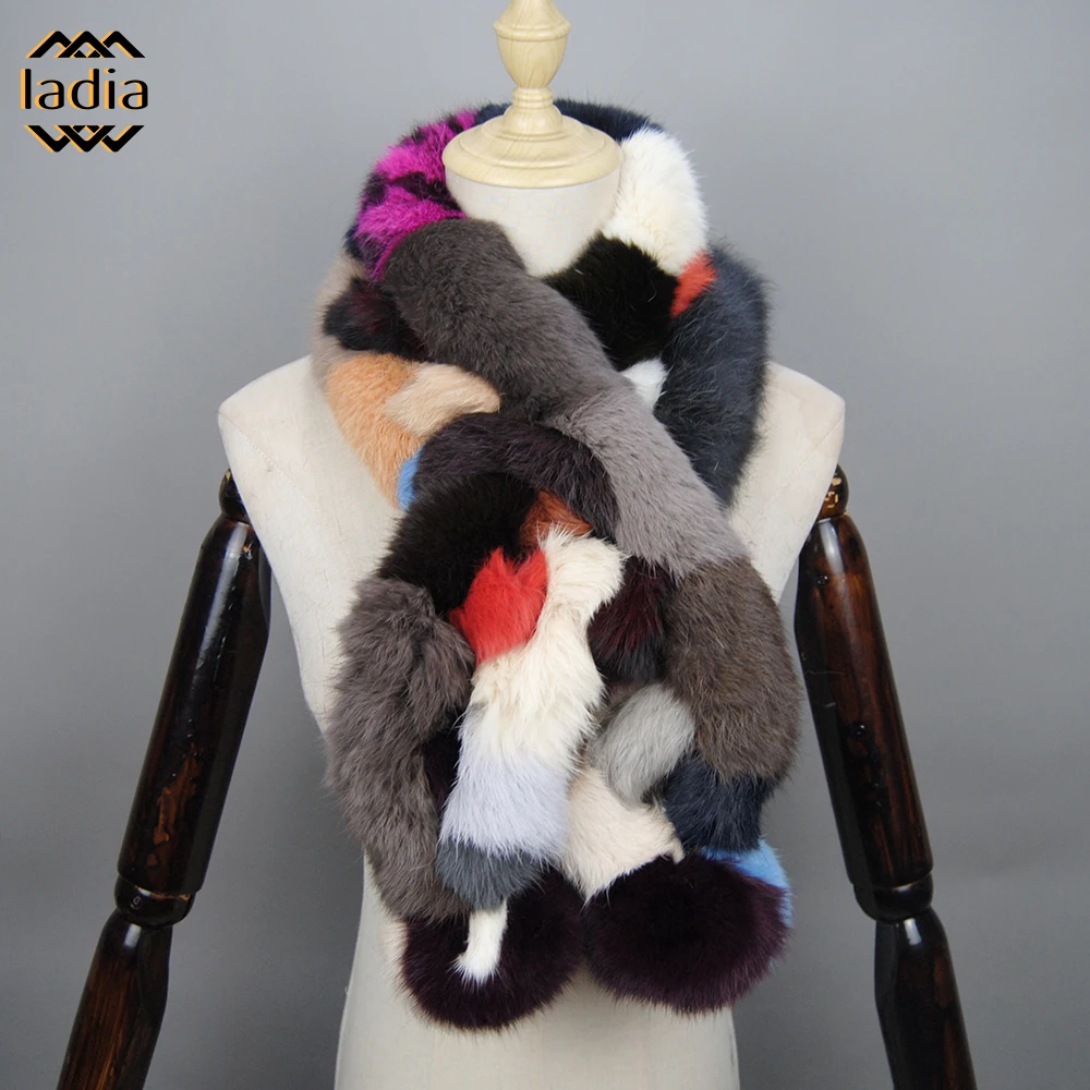 

Winter Ladies Russian Women Genuine Long One Piece Scarf Warm Real Rabbit Fur Muffler Knit Fluffy Pompoms Natural Fur Scarves