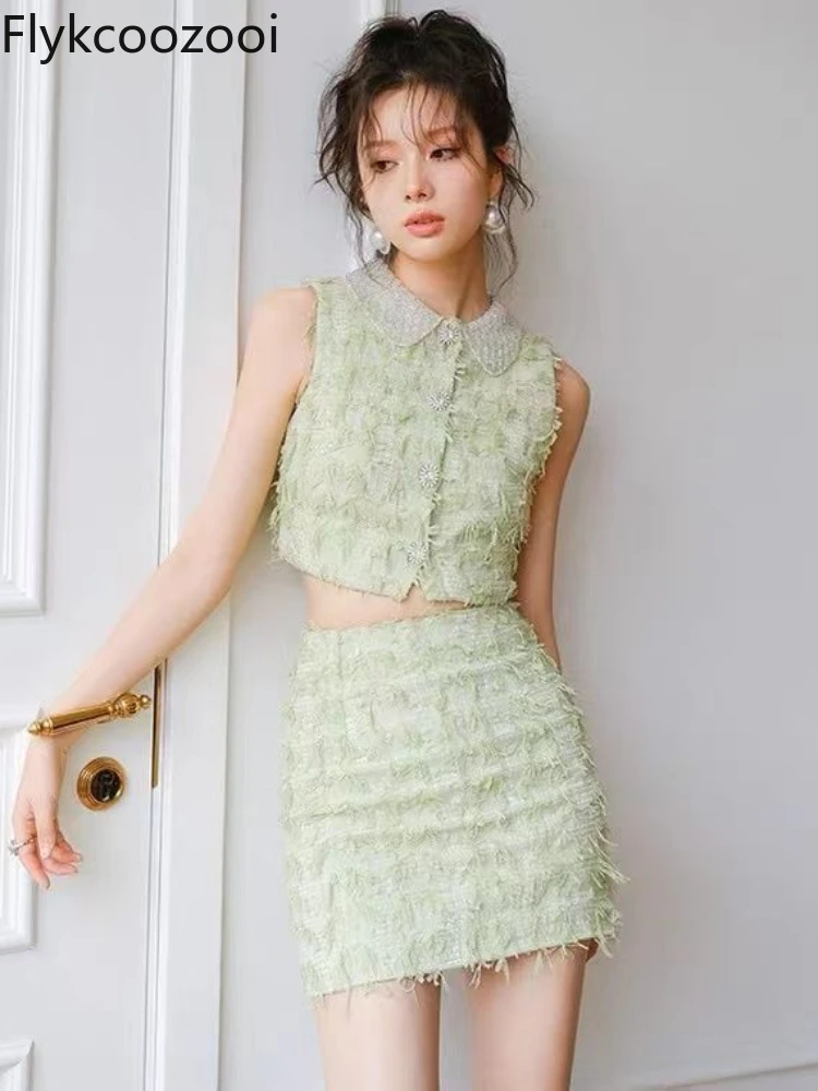 Temperamental corto verde sin mangas Top para Mujer primavera A-line falda conjunto De dos piezas Conjunto De Mujer 2 Piezas Elegante