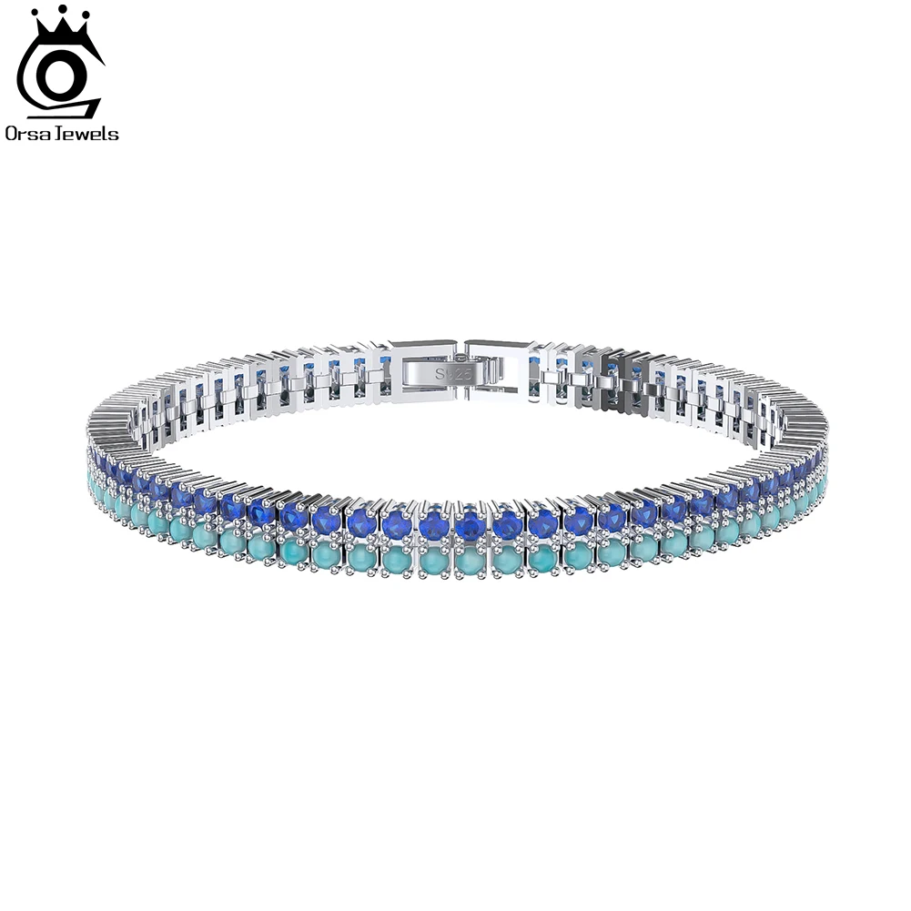 

ORSA JEWELS 2.0mm Blue CZ&Turquoise Tennis Bracelet for Women 925 Sterling Silver Fashion Chain Bracelet Luxury Jewelry SB160