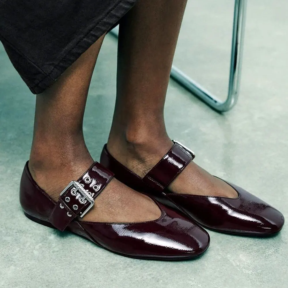 Brand New Chic Burgundy Buckle Strap Mary Janes Shoes Women Big Size 42 Comfy Walking Black Office Lady Flats Leopard Footwear