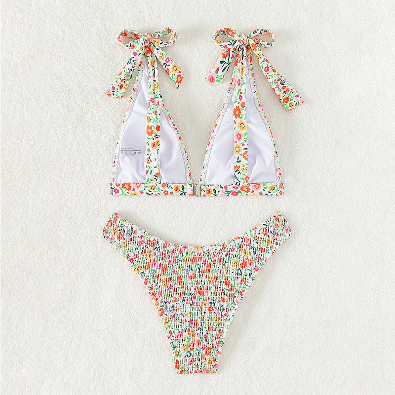 sexy floral print wrinkled bow tie bikini sets two pieces 2024 women thong swimsuit female bathing suit swimwear biquini