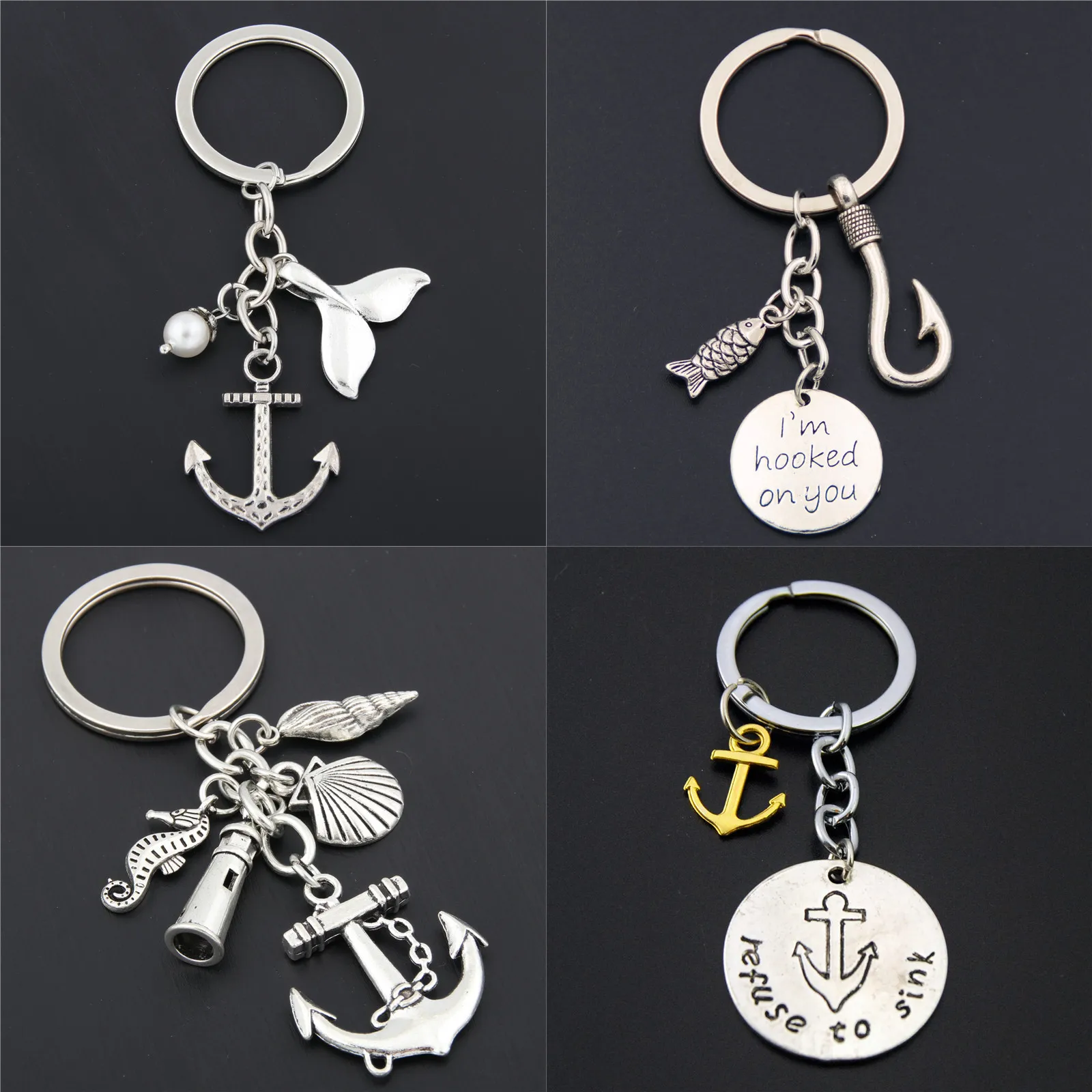 Fish Hook Keychain, Beach Nautical Anchor &Lighthouse Pendant,Summer Coastal Jewelry Gift for Key Bag Decoration Desk Organizers