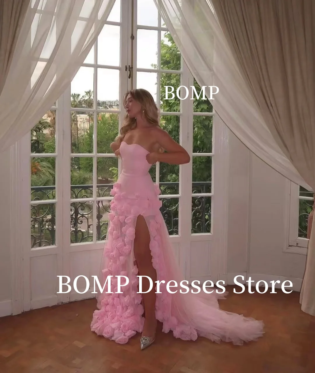 BOMP exquisito vestido de fiesta de noche rosa sin tirantes con abertura lateral vestido de fiesta de gasa Arabia Saudita personalizado فساتmavera