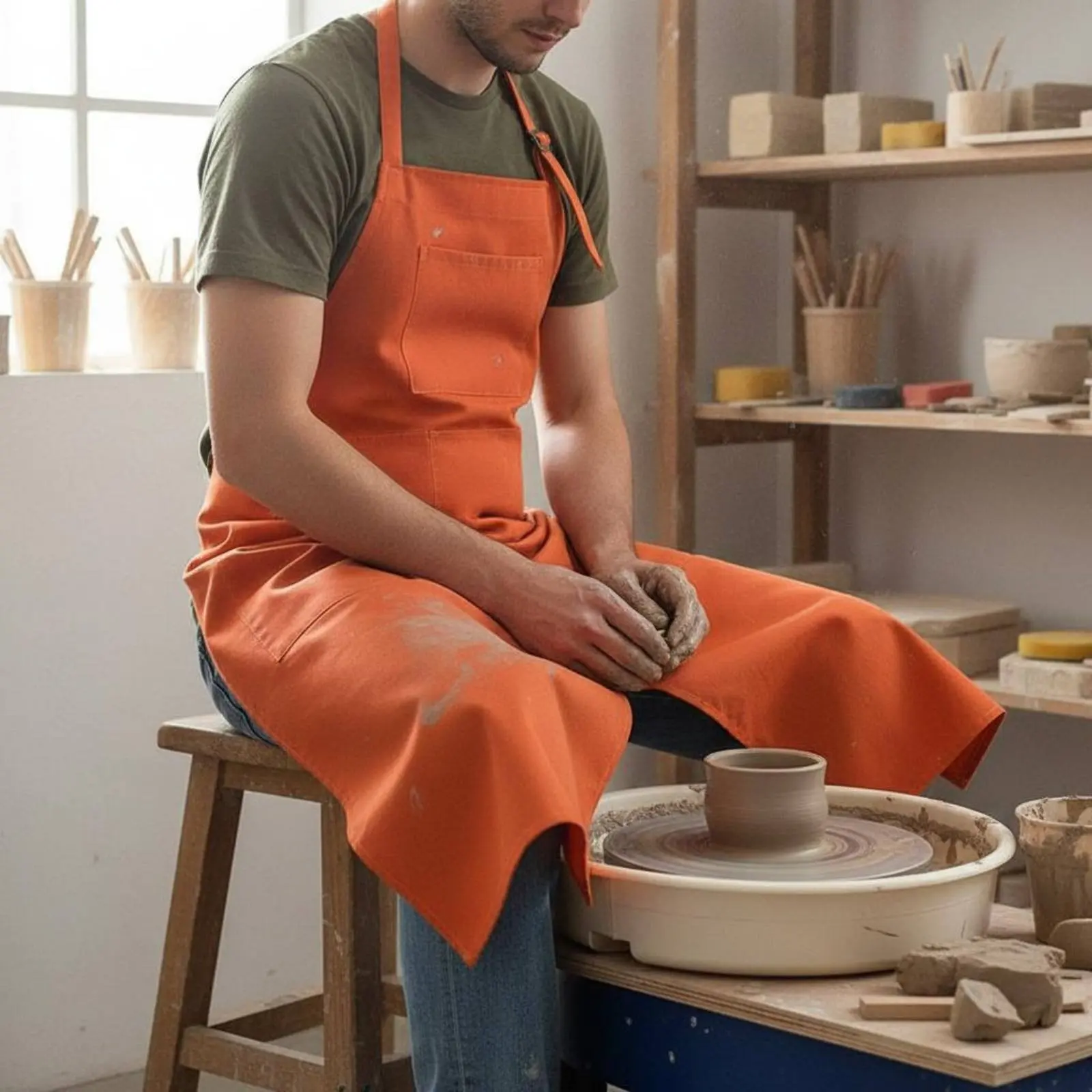 

2 Pieces Pottery Apron Waterproof Canvas Artist Smock Split-Front Utility Apron Multiple Pockets Safeguarding Workwear