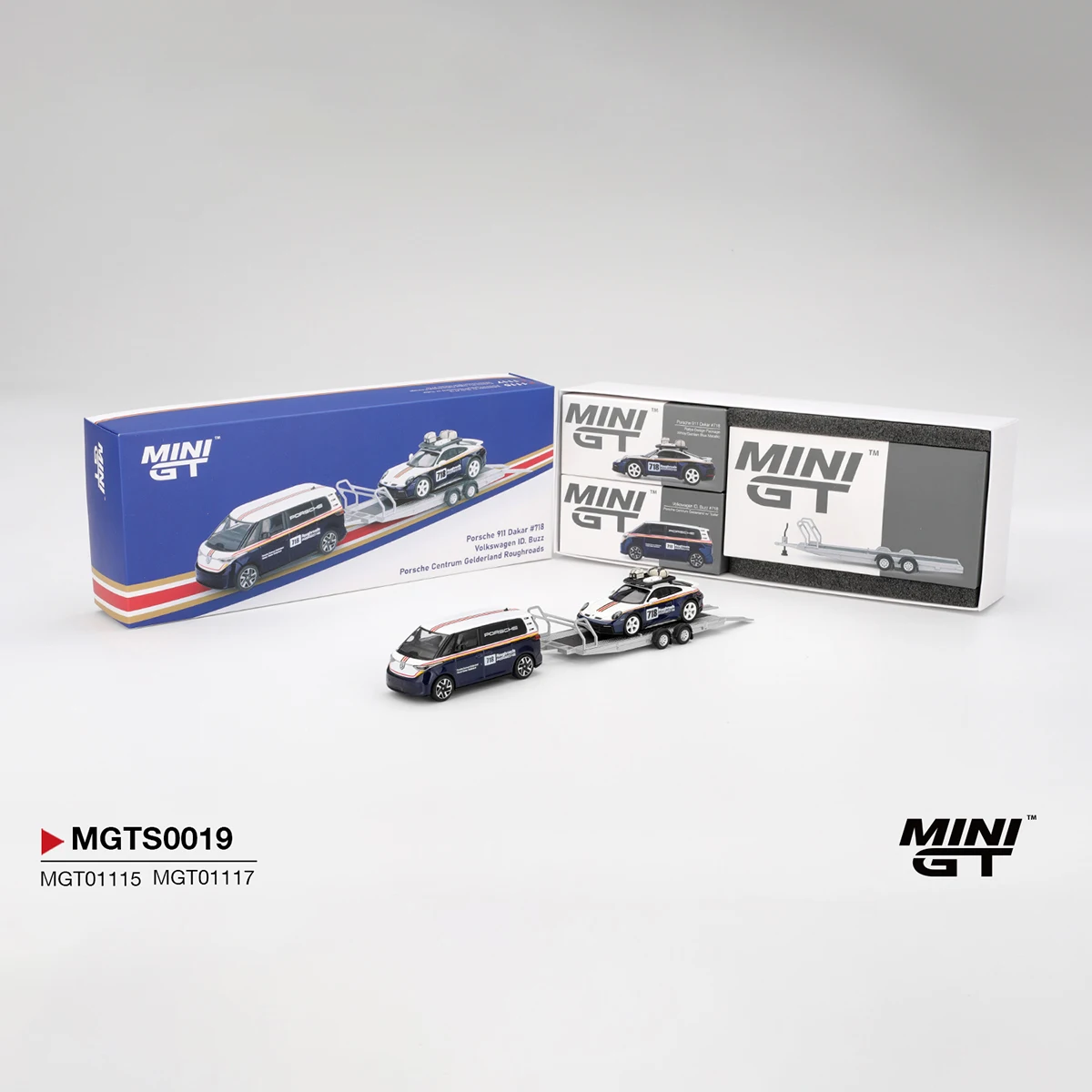 MINIGT MGTS0019 1:64 Roughroads Porsche Rally Set ID.Buzz + 911 + Trailer Limited Luxury Acrylic Display Edition Diecast Model image 4