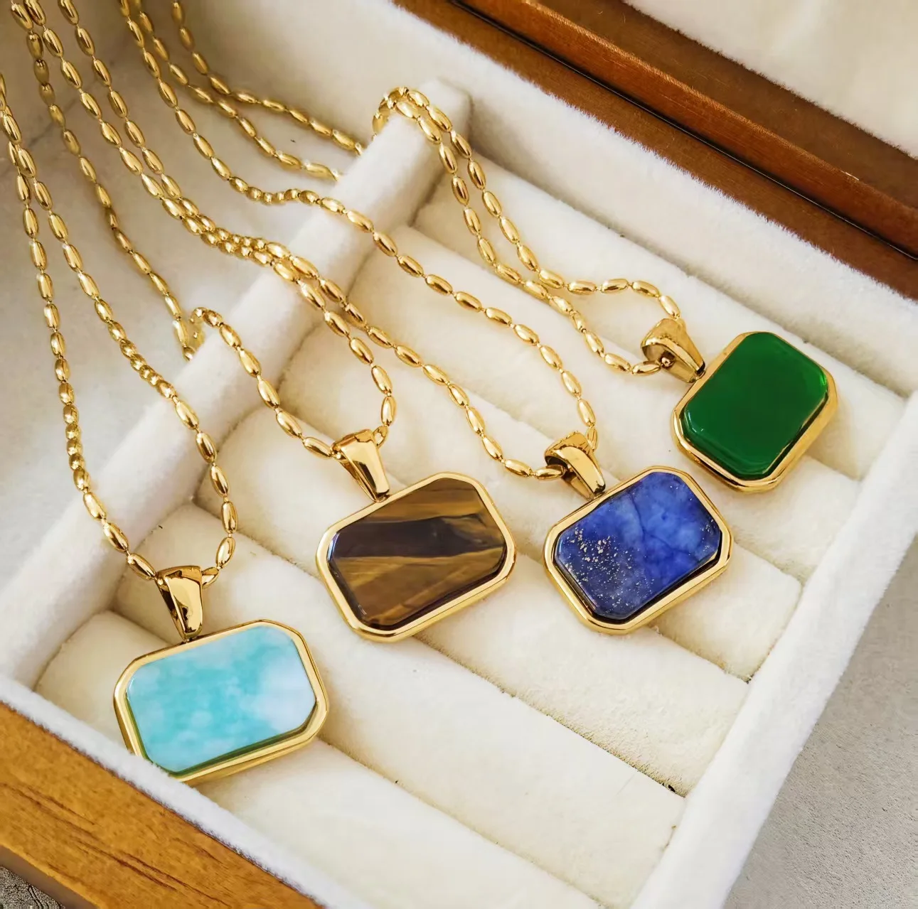 Yupsk Natural Stone Square Pendant Necklace for Women Stainless Steel 18K Gold Color Plated Choker Jewelry Accessories Gift