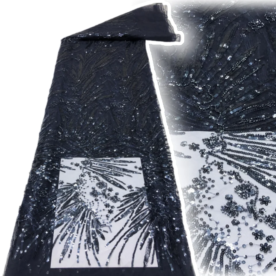 

Африканская кружевная ткань с бисером, высококачественная сетка с вышивкой и французскими блестками для шитья женских вечерних платьев, 5 ярдов SZ1601