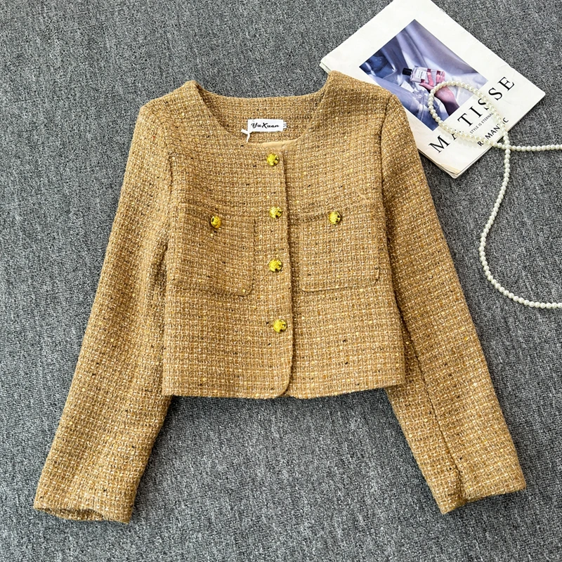 

Socialite Small Fragrance Checkered Coarse Woolen Coat Women's Autumn French Jacket Round Neck Suit Top Outerwear