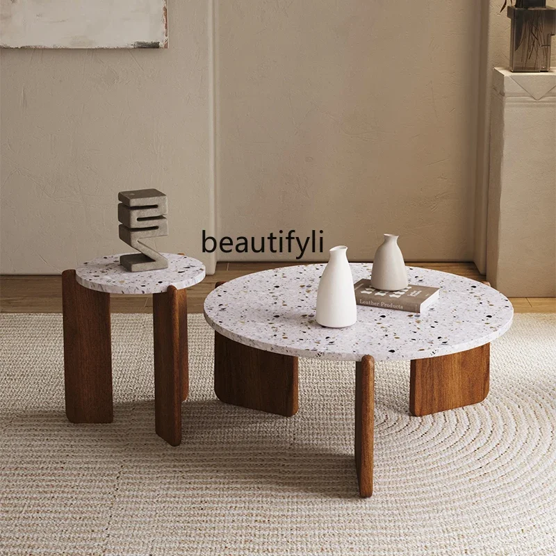 Nordic Light Luxury round Tea Table Terrazzo Solid Wood Minimalist Small Apartment Living Room Designer