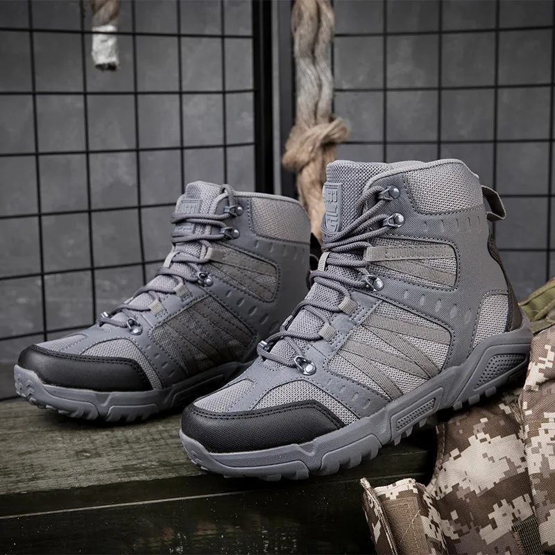 

Outdoor Gray Tactical Boots Men High Quality Breathable Hiking Boots Mens High Walking Sneakers Size 46 47 botas tacticas hombre