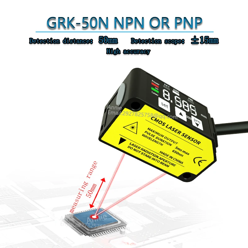 

Measuring distance 50mm Output NPN CMOS IP67 Measure the thickness of an object Laser displacement Measurement sensor