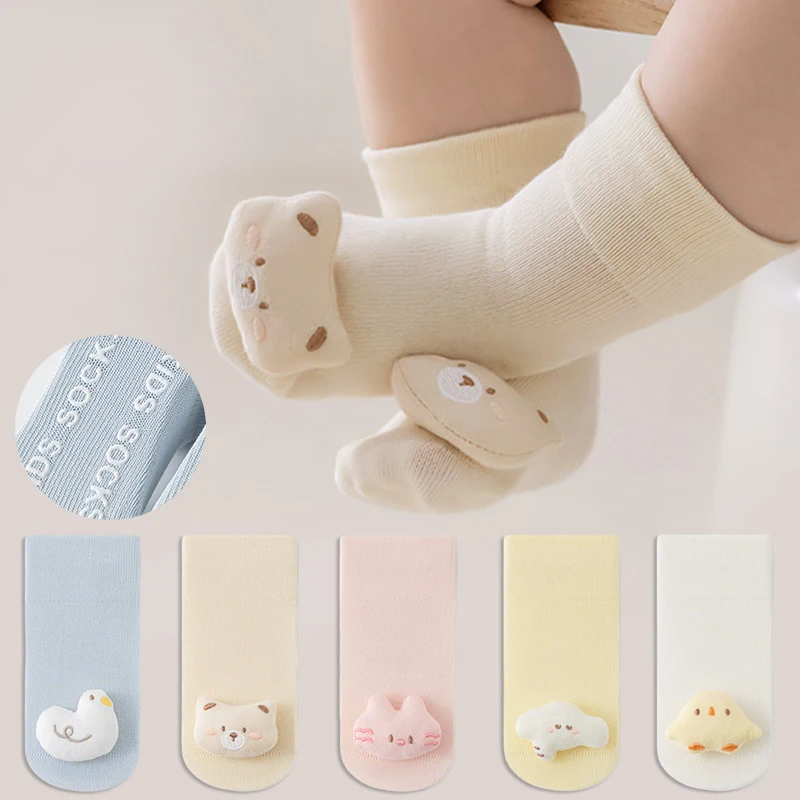 3/5 Pairs Baby Anti-slip Socks Cute 3D Cartoon Animal Doll Mid-calf Toddler Socks Soft Breathable Newborn Floor Walking Socks