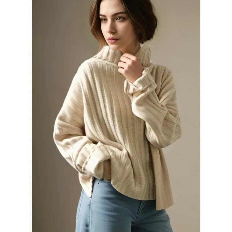 Otoño/Invierno coreano suelto Pit Stripe Slit suéter Casual cuello alto manga larga Jersey de punto elegante Color sólido Top de punto