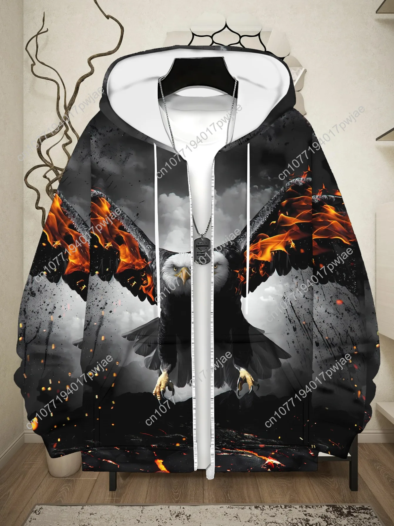 Moletom masculino com zíper Fiery Eagle, poliéster durável, leve e elegante, moletom com capuz gráfico em negrito, ajuste confortável, para viagens em academia ou