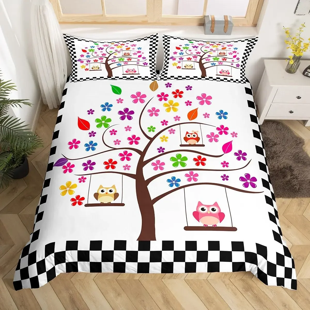 Kids Cartoon Garden Bed Set Cute Owls Comforter Cover, Chic Tree Butterfly Duvet Cover Full Queen White Daisy Floral Bedding Set