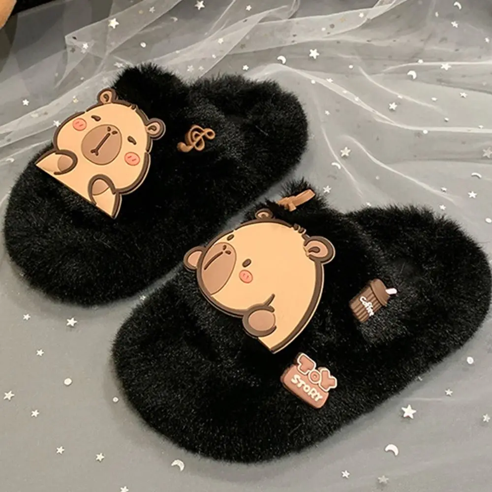 Creative Children Warm Capybara Slippers Kawaii Rubber sole Capibara Plush Slippers Long Plush Animal Winter Home Shoes Girls