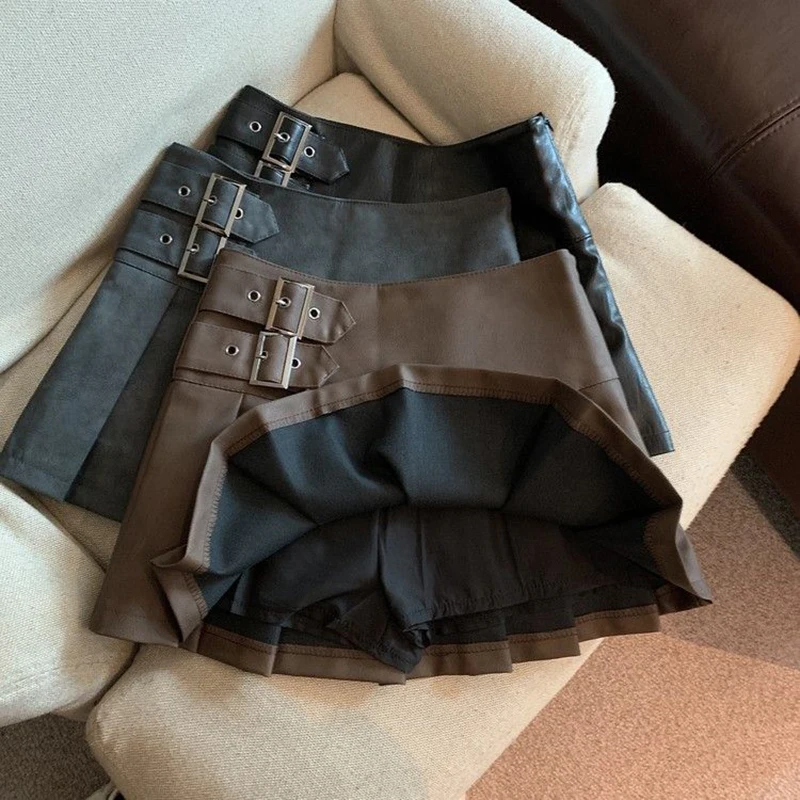 S-3XL Y2K Pu Leather Mini Skirts Women Streetwear High Waist Pleated Skirt Vintage Korean Black Slim Casual A Line Skirts