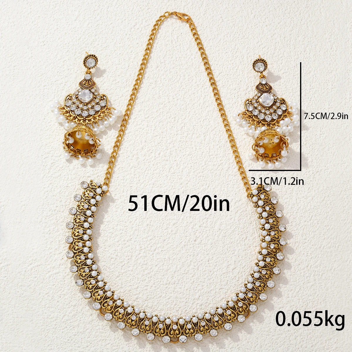 Indian Bronze Pearl Beads Crystal Pendant Earrings Necklace Sets Women Bijoux Ethnic Rhinestone Indian Jewelry Sets Bridal Gifts