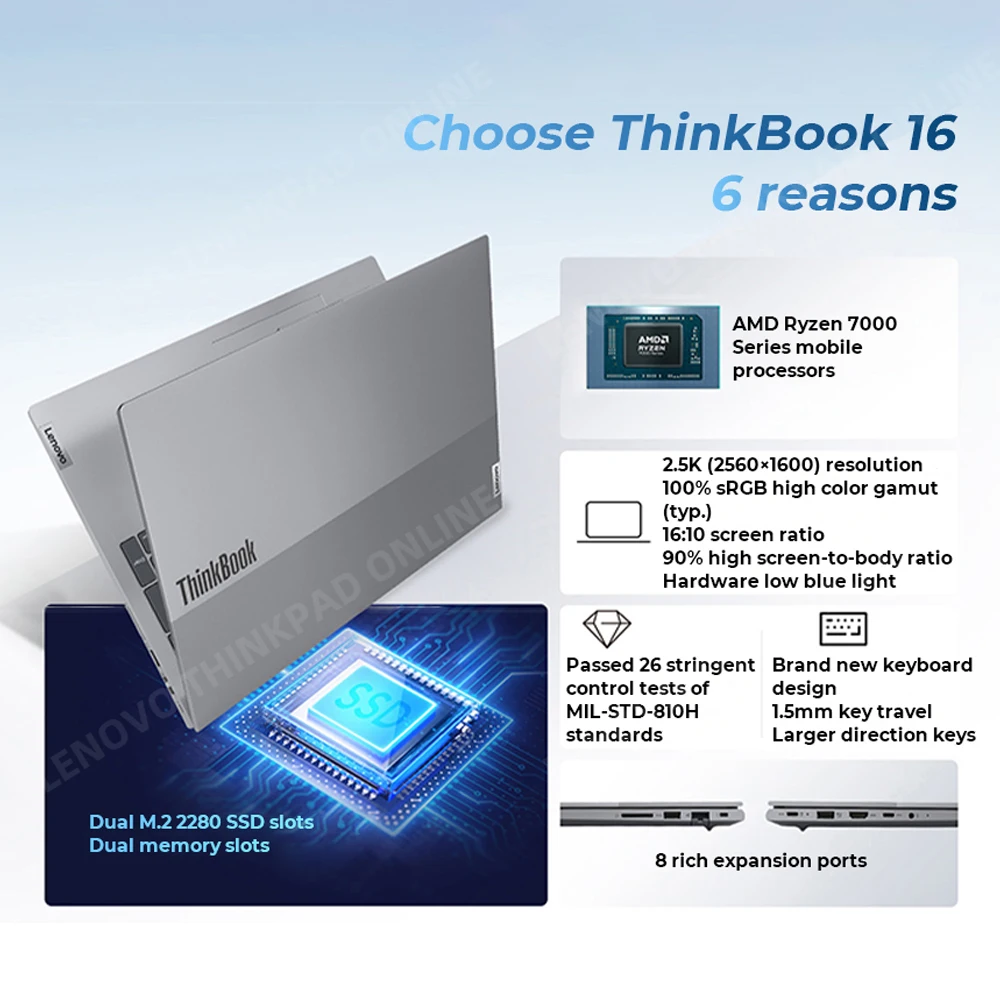 Lenovo 2023 ThinkBook 16 Laptop AMD R5 7530U/R7 7730U kartu grafis HD 16GB + 1TB SSD 16 inci 2.5K 60Hz layar IPS Notebook PC