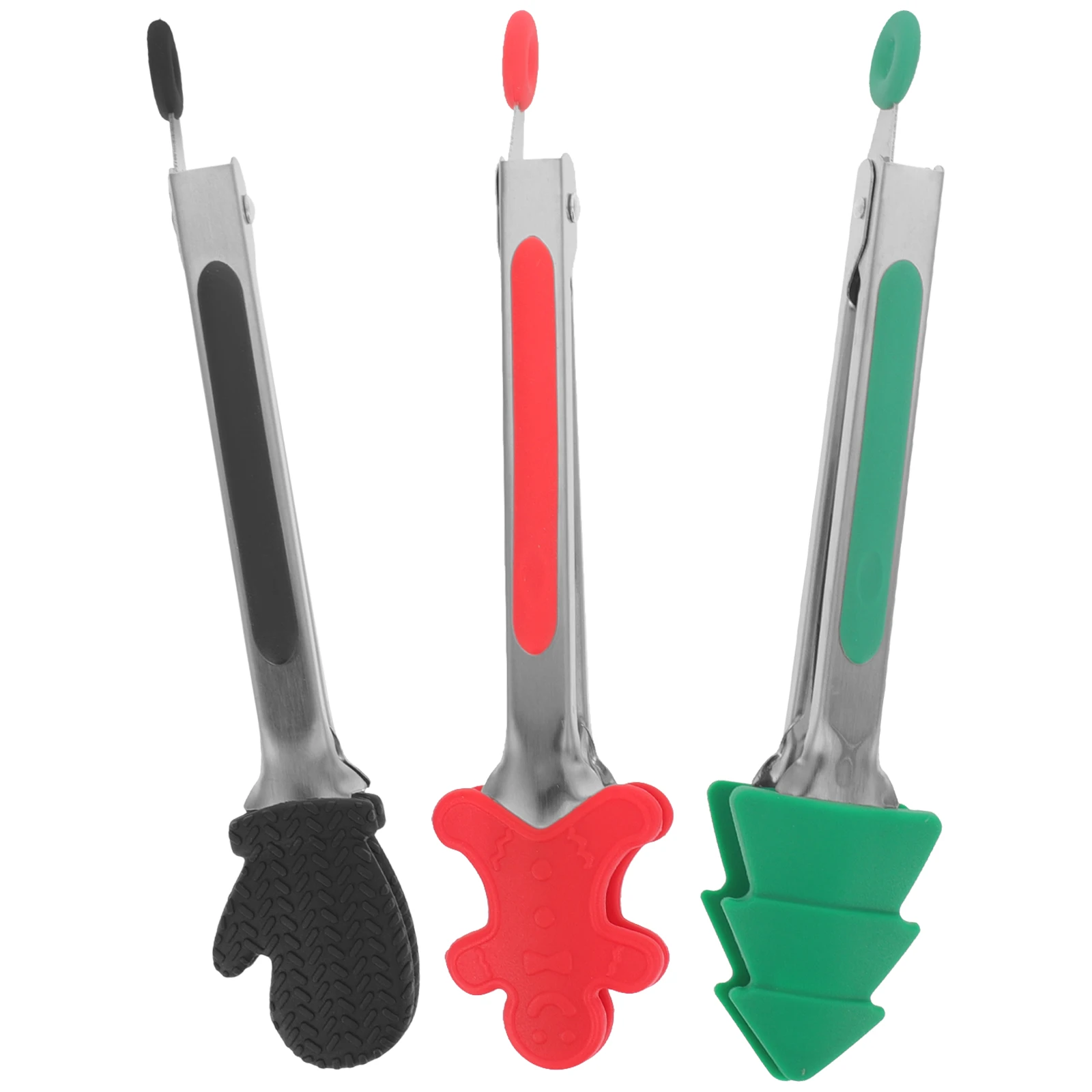 

3pcs Christmas Food Tongs 7 Inch Tree Green Gingerbread Black Silicone Stainless Steel Kitchen Tools Cooking