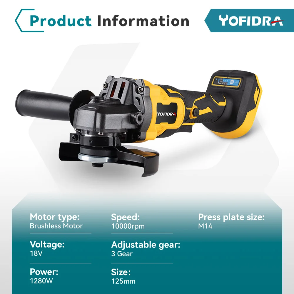 Yofidra 125mm Brushless Electric Angle Grinder Cordless Polishing Machine Woodworking Cutting Tool For Makita 18V Battery