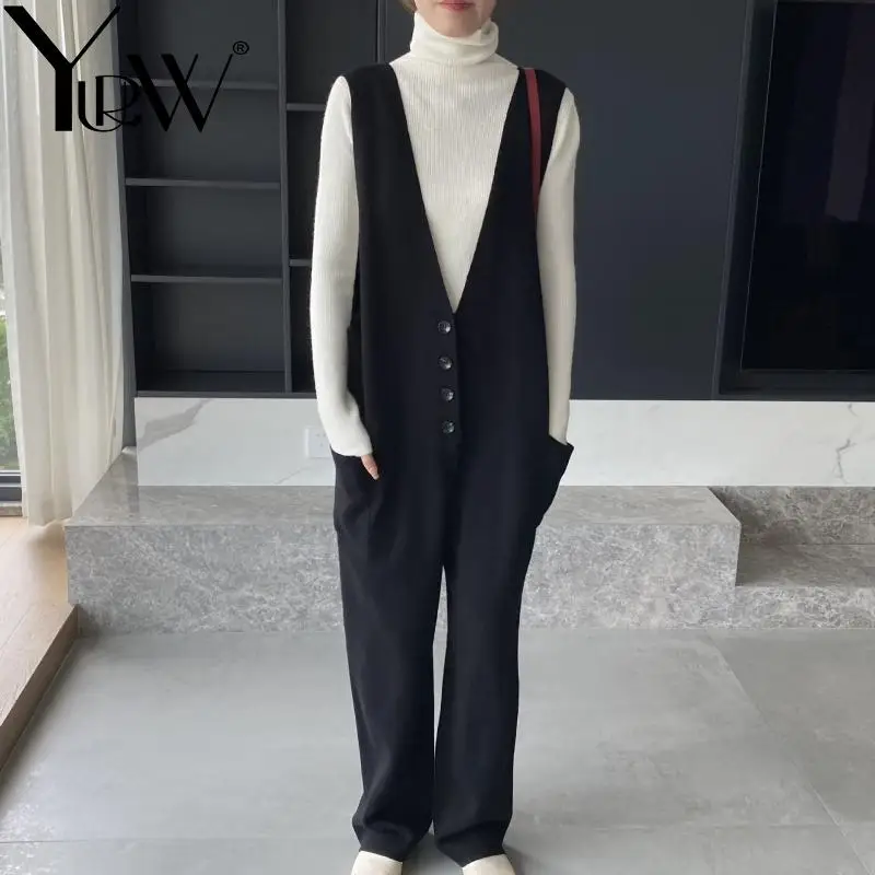 YUERWANG Women Jumpsuit 2025 Spring Fashion All Match Deep V Neck Sleeveless Single Breasted Solid Loose Casual Long Jumpsuits