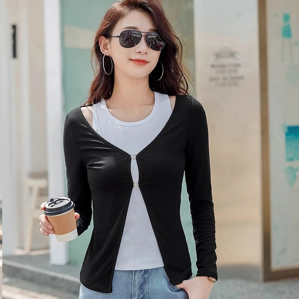 Early autumn beautiful little shirt, women's fake two-piece knitted shirt, green top long sleeved casual high-end outerwear 3XL