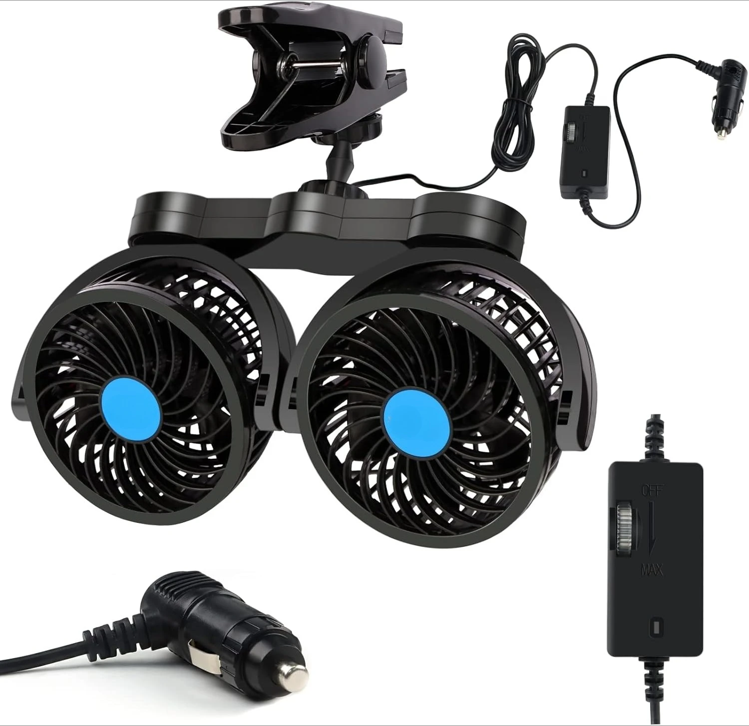 12V Dual-Head Car Clip Fan, 4-Inch Airflow, 360° Rotation, Stepless Speed, SUV/RV Essential, Ideal for Gifting